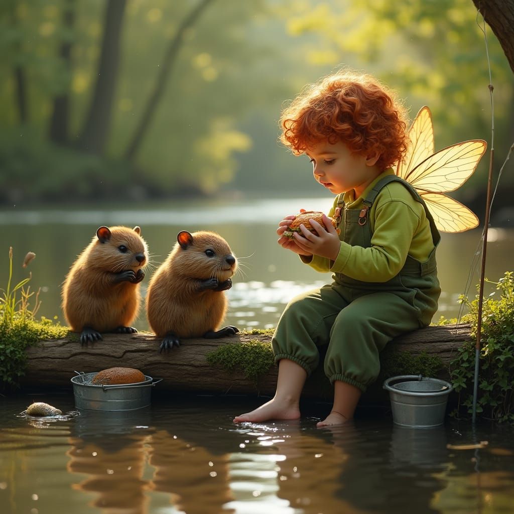 Red Haired Fairy Child Shares Sandwich with Beavers