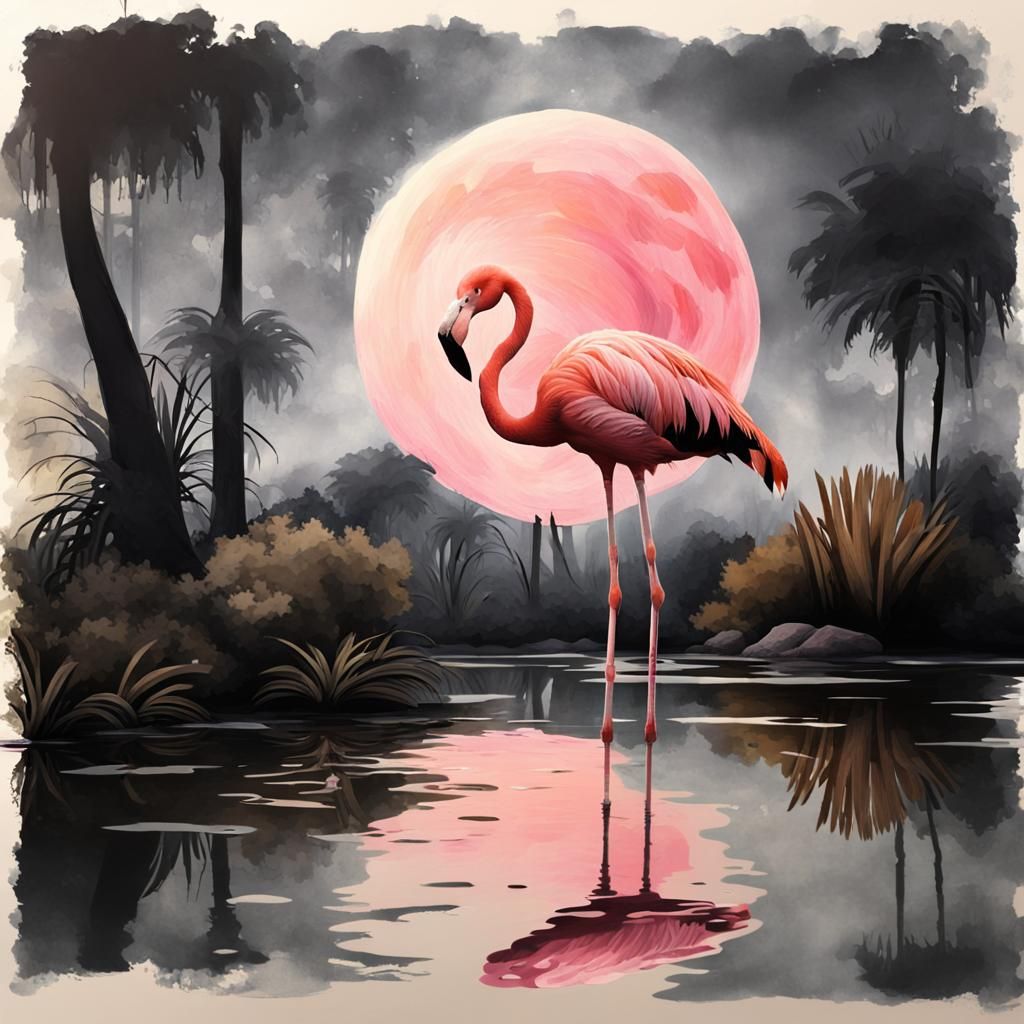 Pink Flamingo under Pink Moon in Hyperrealistic Style