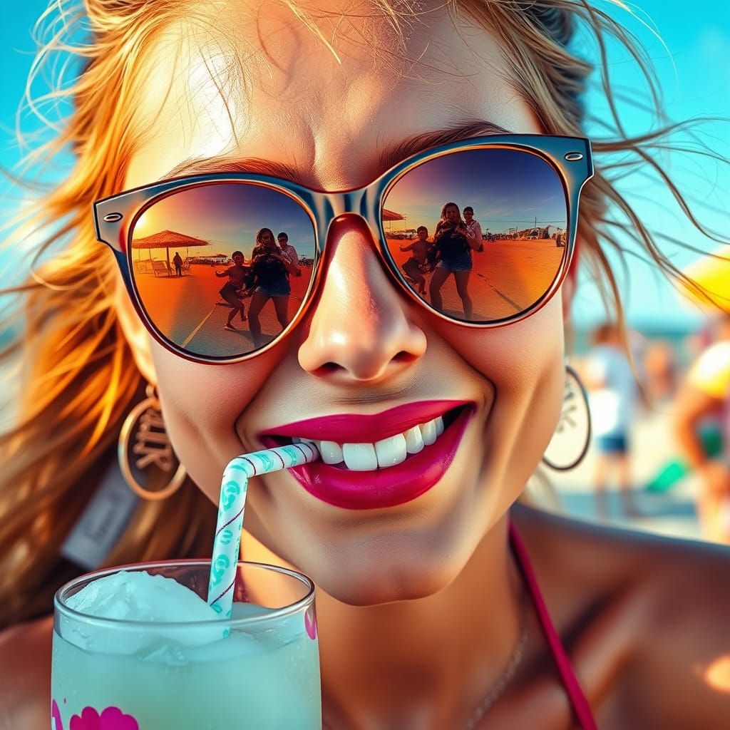 Woman with Sunglasses Reflecting Beach Scene