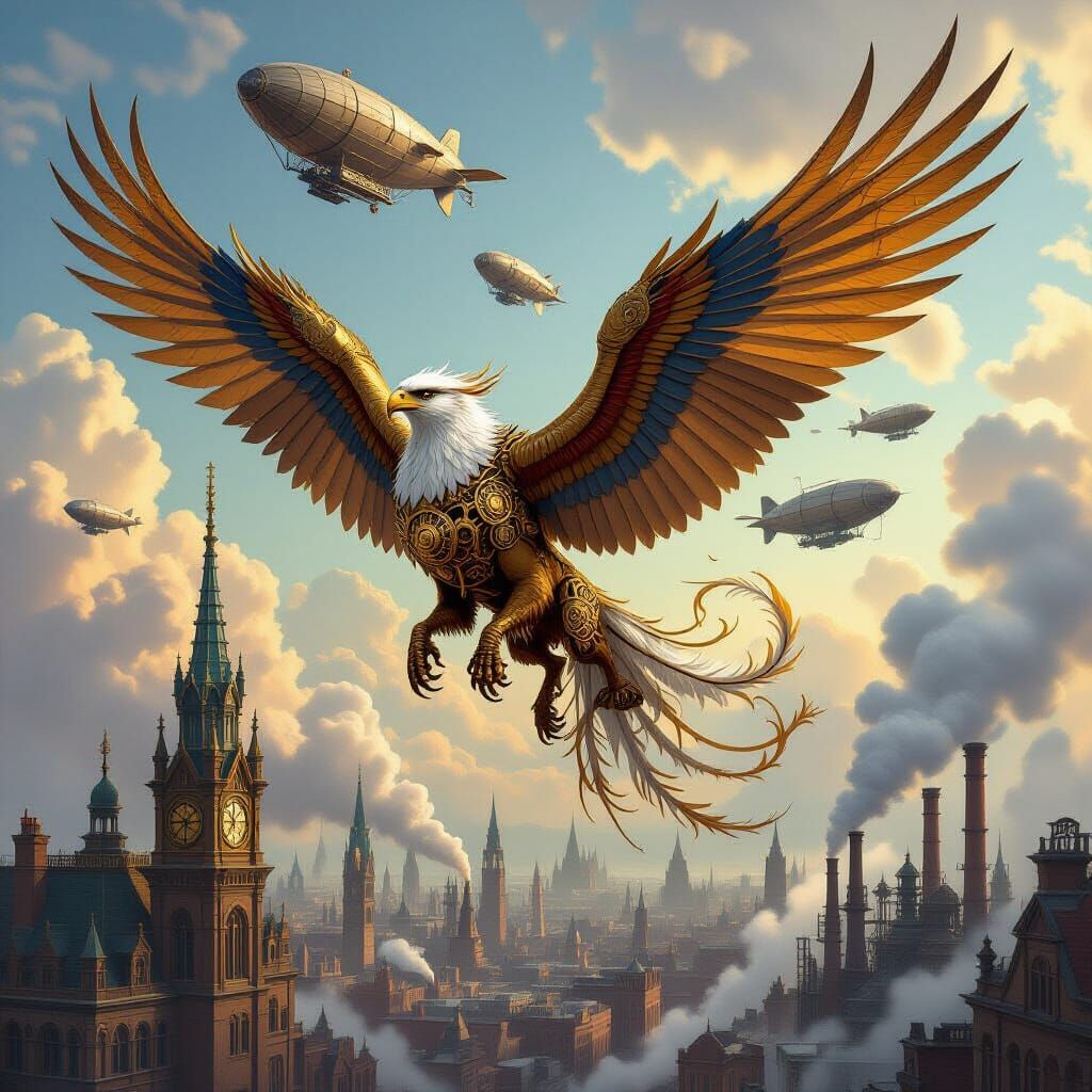Steampunk Griffin Soaring Over Victorian Cityscape