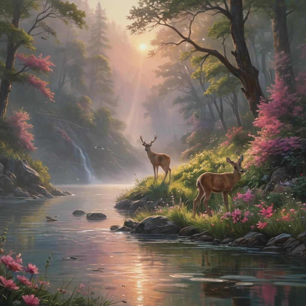 Deer at Misty Lake: Impressionist Oil Painting