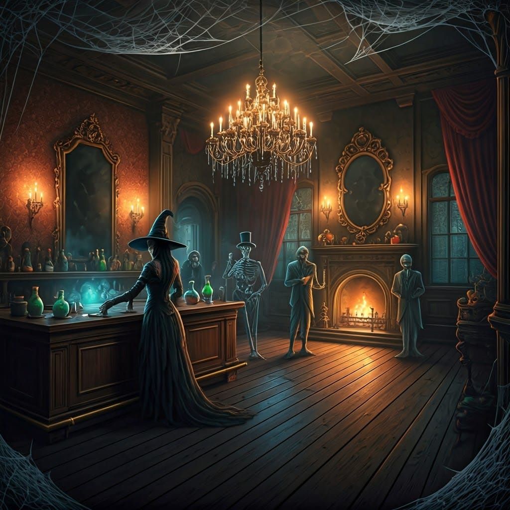 Spooky Halloween Party in Victorian Mansion, Digital Art