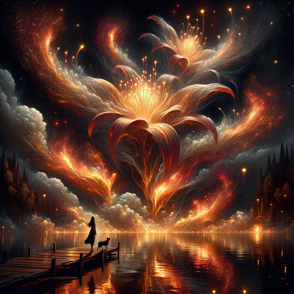 An ethereal firework explodes in the night sky, forming a brief, glowing pattern that resembles the delicate shape of a ...