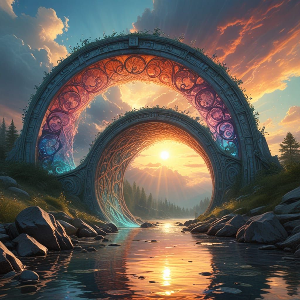 Surreal Oil Painting of a Glowing Portal on a Bridge