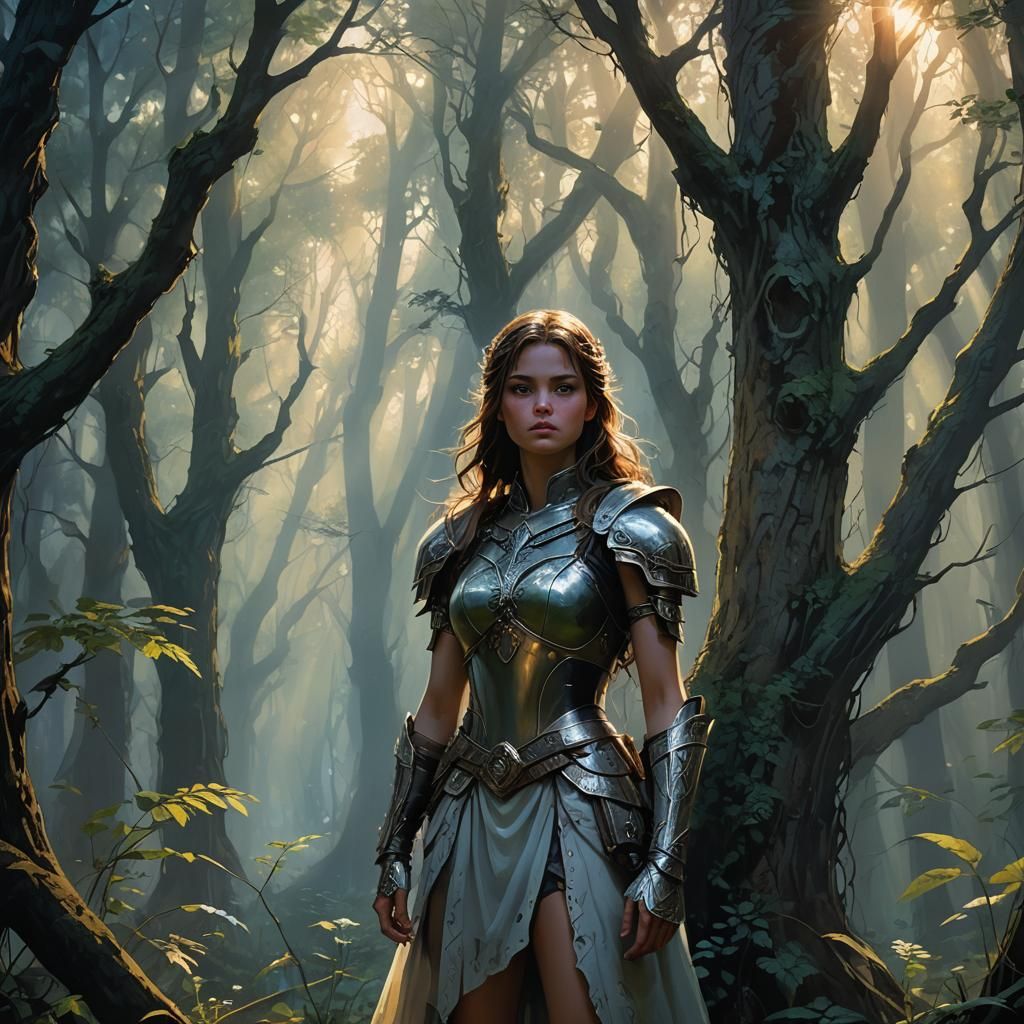 Heroine at Forest Portal in Graphic Novel Style