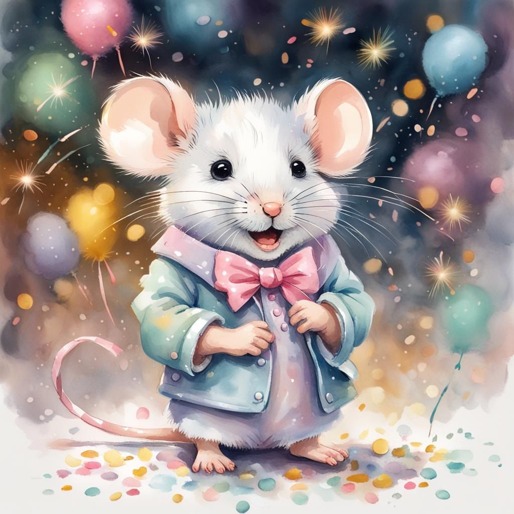 Pastel Mouse Celebrates New Year in Watercolor Style