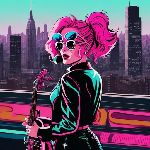 Pop Art Woman With Guitar and Cityscape