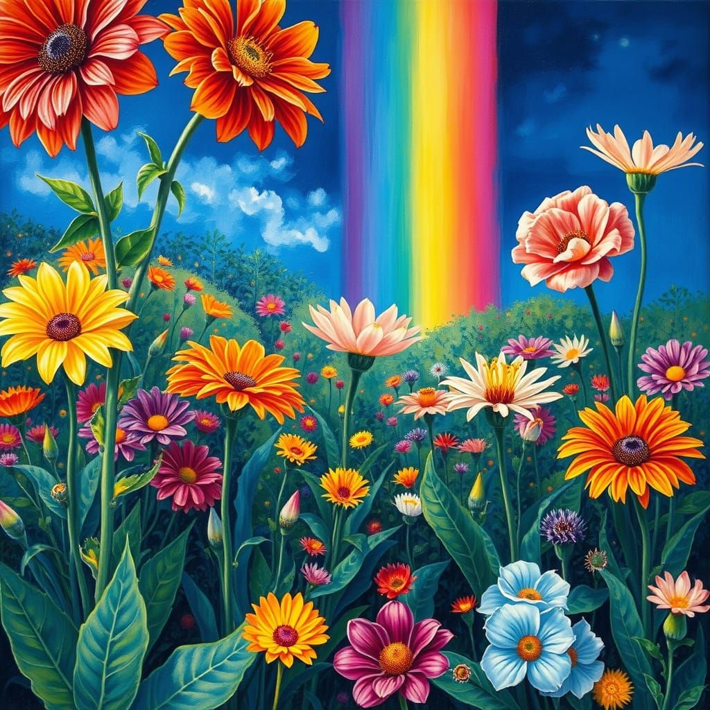 Vibrant Garden Blooms in a Rainbow Kaleidoscope, Inspired by...