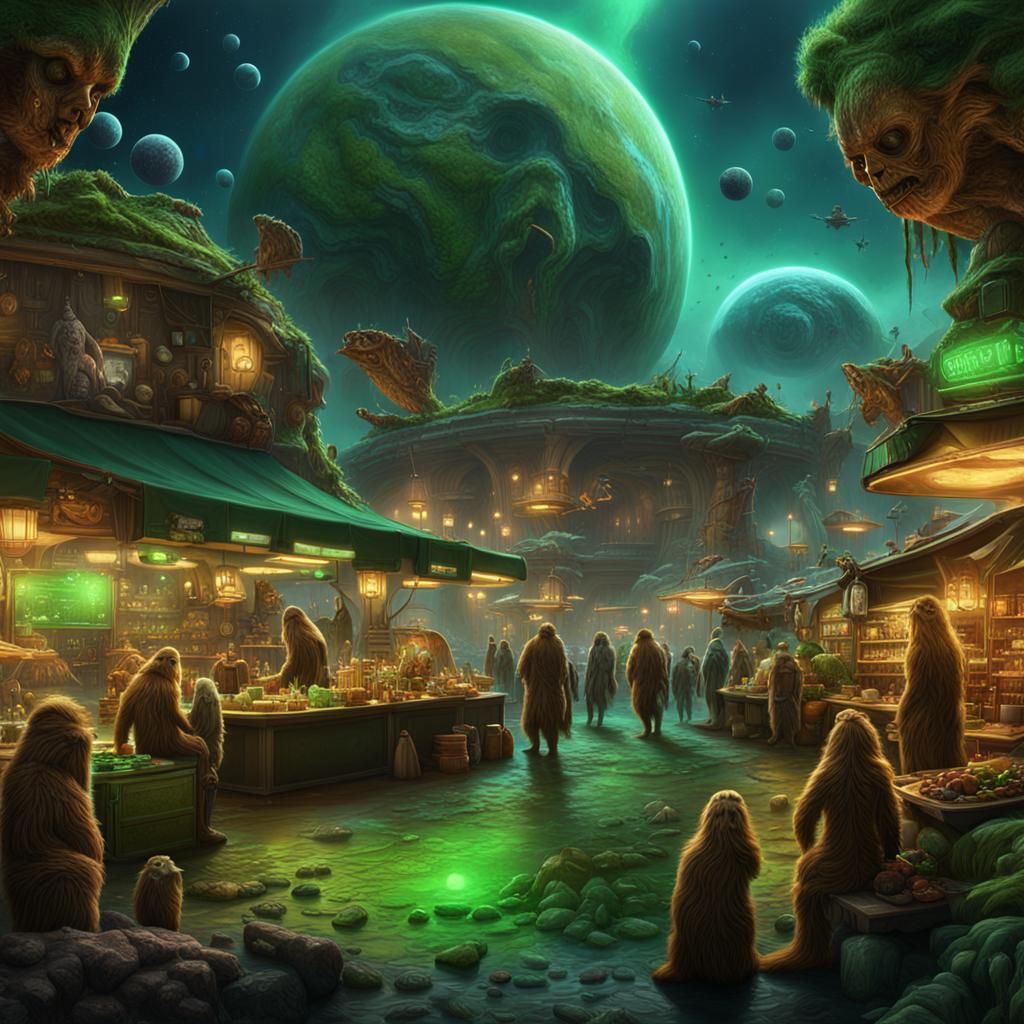 Terra Market with Alien Creatures: Detailed Matte Painting