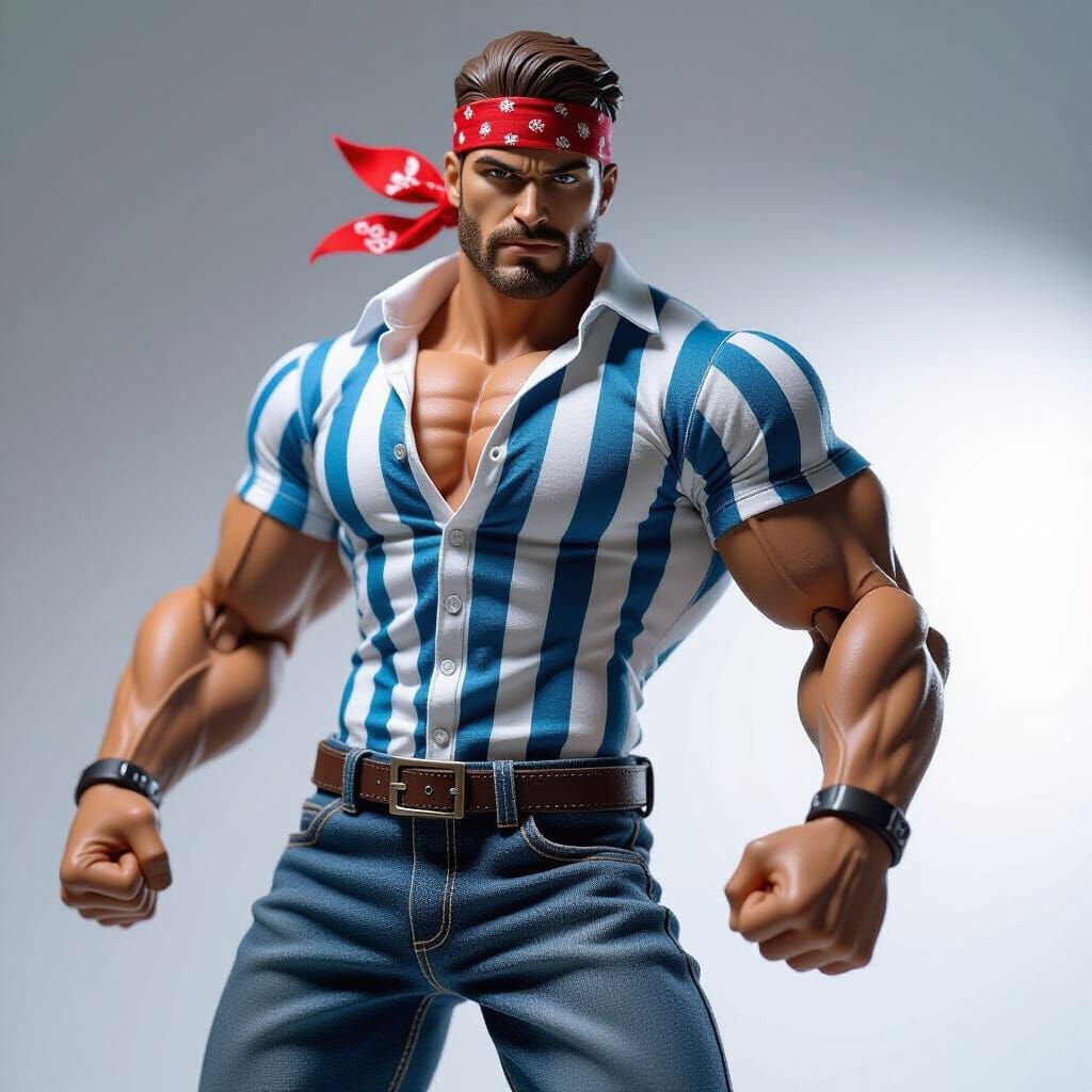Muscular Hero Comic Action Figure with Striped Shirt