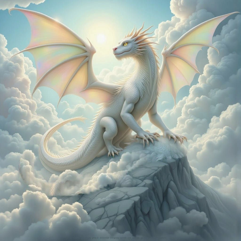 Pearl White Dragon on Cloudy Hill with Rainbow Scales