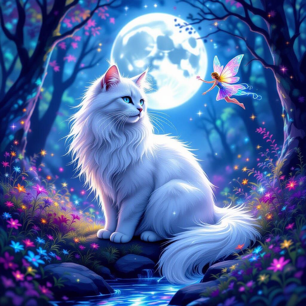 Ethereal Ghostly Cat in Moonlit Forest