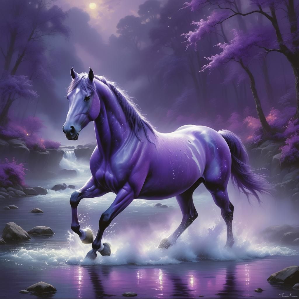 Purple Horse in Ethereal Glowing River