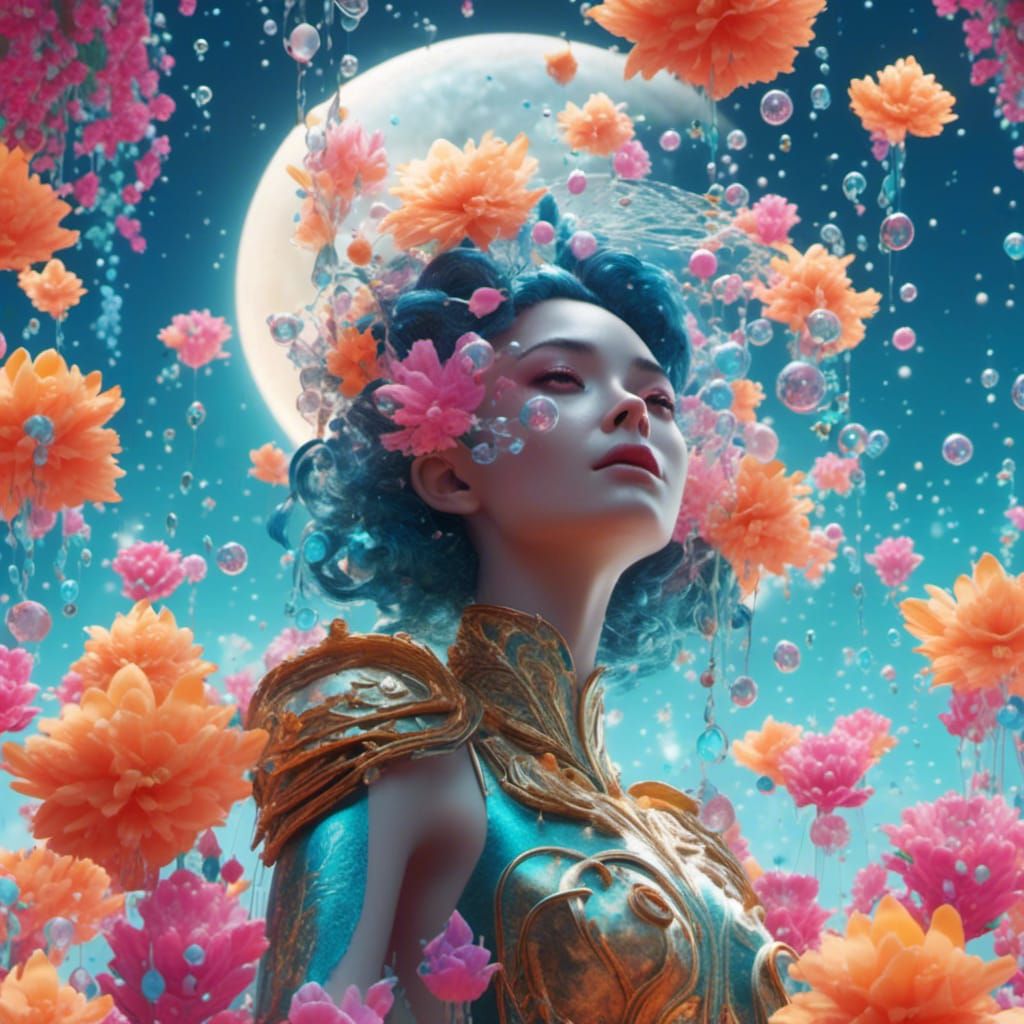 Exotic Moon Woman with Stingrays and Flowers