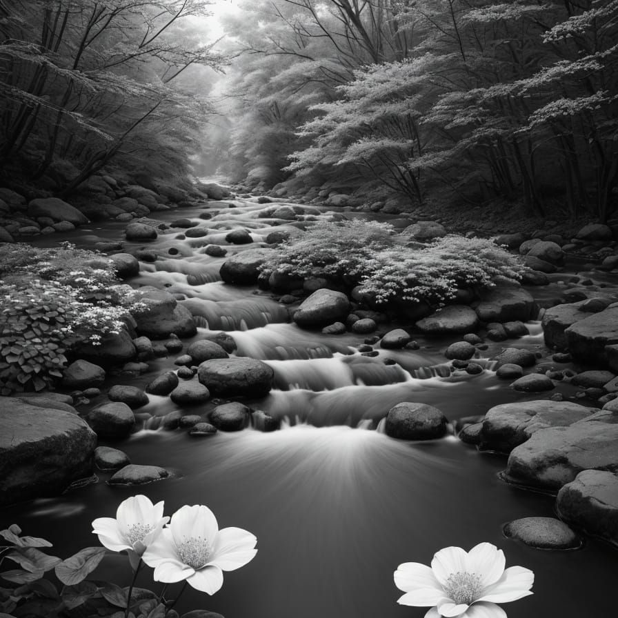 Hyperrealistic Creek Scene with Wildflowers