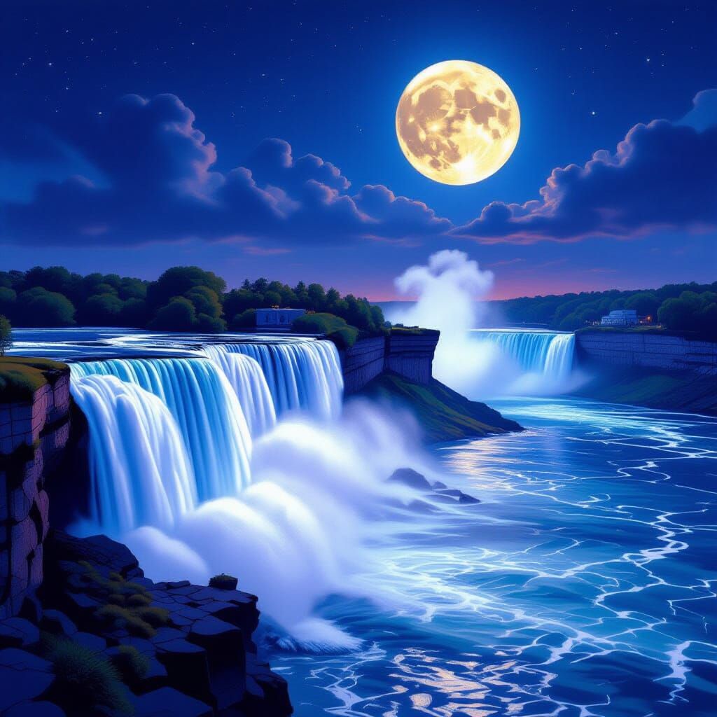 Niagara Falls Under Full Moon in Dramatic Splash Art Style