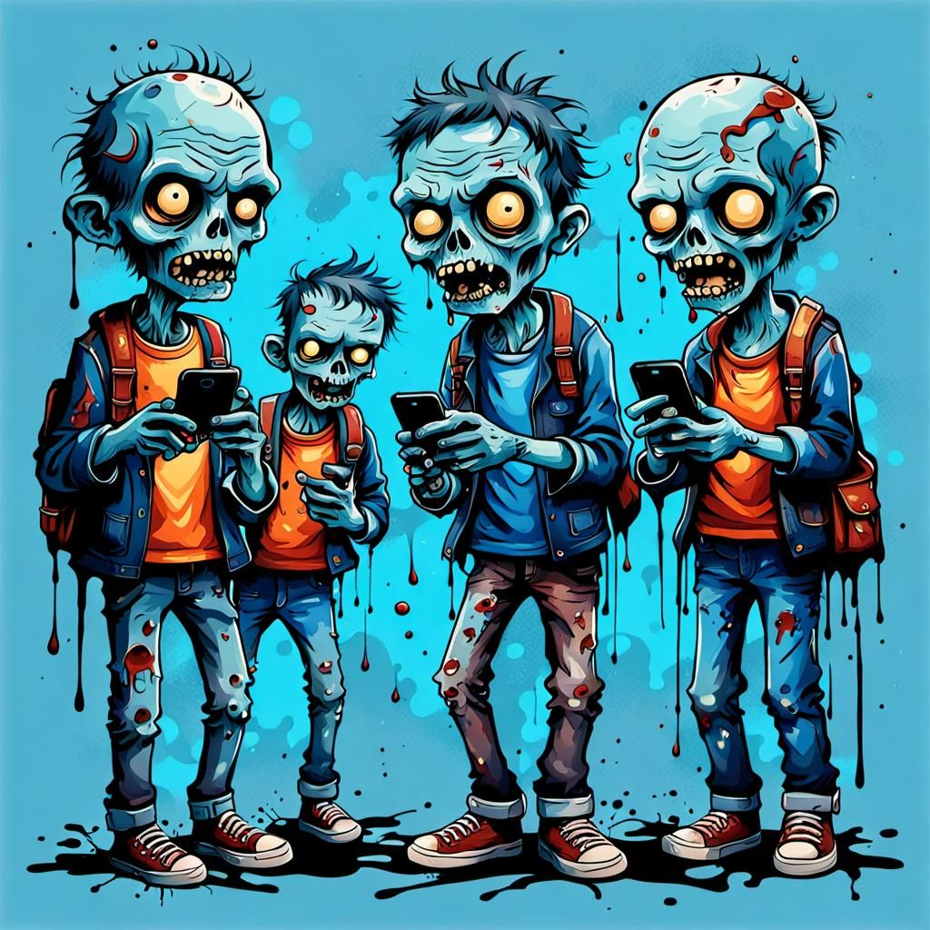 Cute Zombie Band on Smartphones, Oil Painting