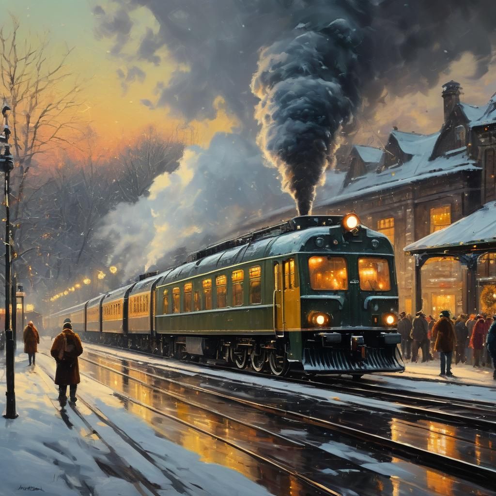 Festive Train Arrival in Oil Painting Style
