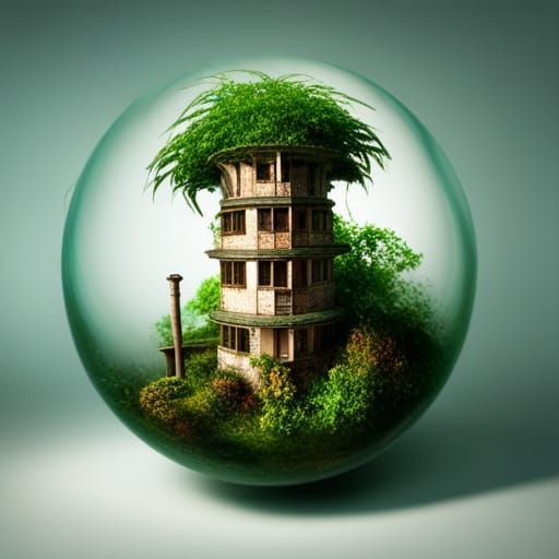 Miniature Elvish Tower in Glass Sphere, Photorealistic CGI
