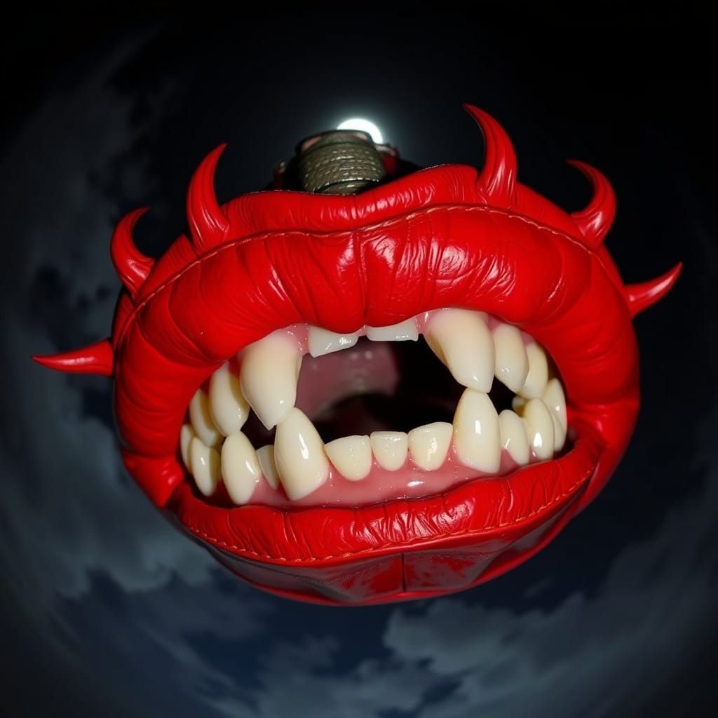Eerie Red Leather Fisheye Portrait with Cloudy Background