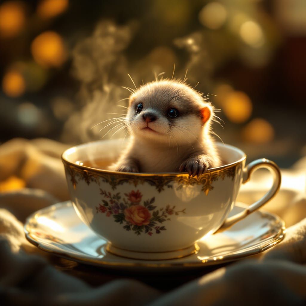 Adorable Miniature Otter in Teacup, Cinematic Lighting
