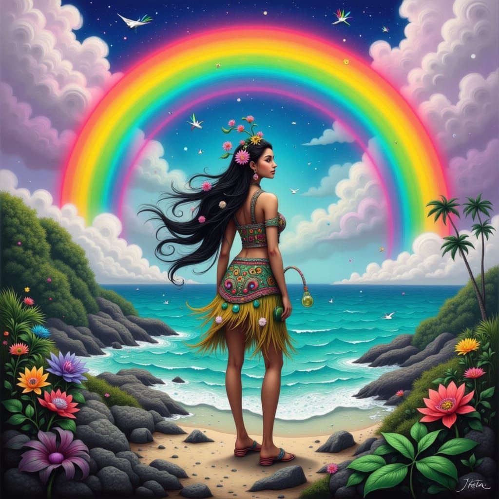 Hawaiian Woman with Jade Makau Pendant and Rainbow