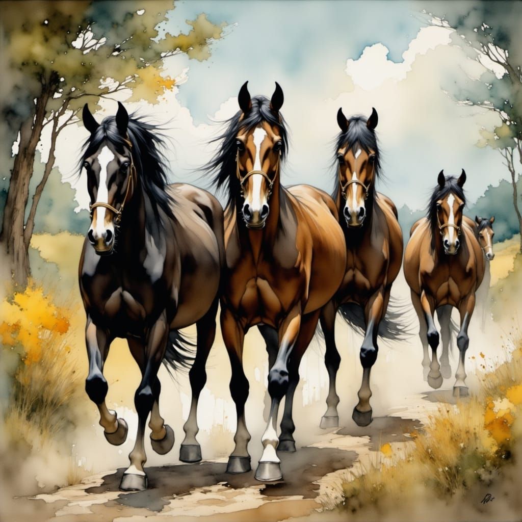 Clydesdales on a journey<lora:Visage:1.0><lora:Flux - Painte...