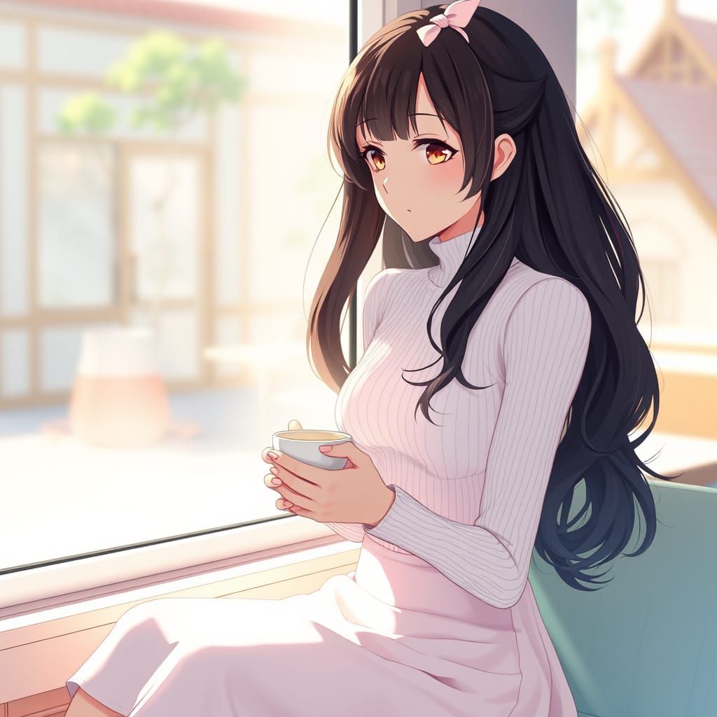 Anime-Style Girl in Sunlit Cafe