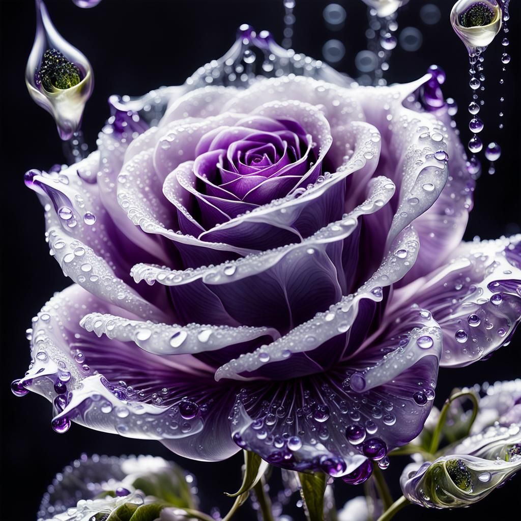 Transparent Blown Glass Purple and White Rose