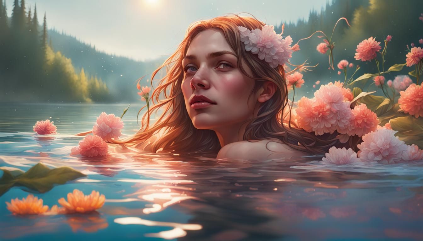 Woman Swimming in Sunny Lake with Flowers