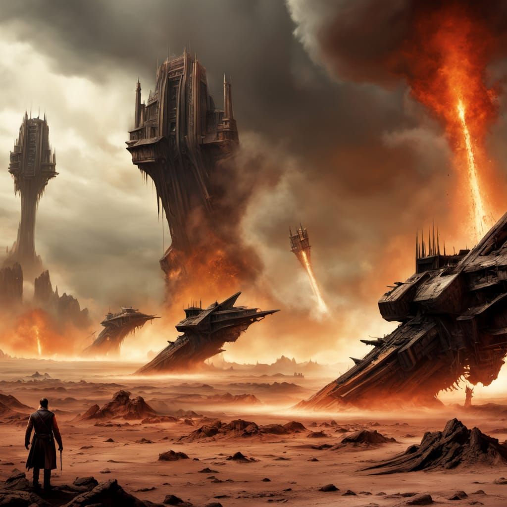 Massive Dieselpunk Flying Fortress Over Avernus Wasteland