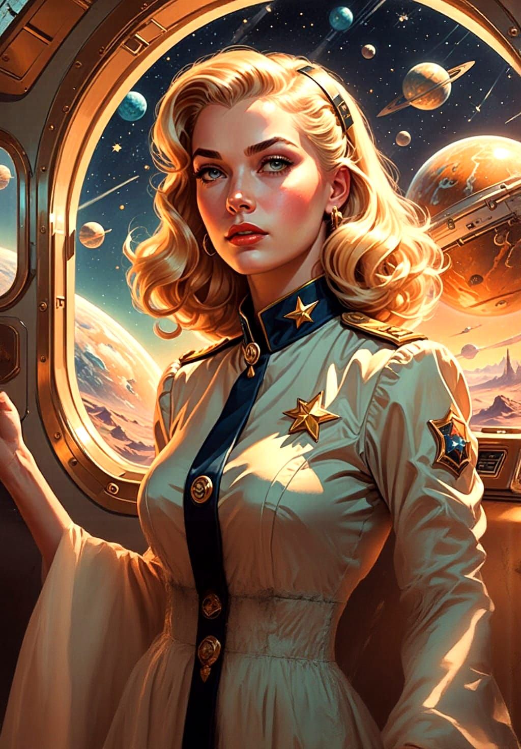 Girl Captain on Spaceship in Pin-Up Style