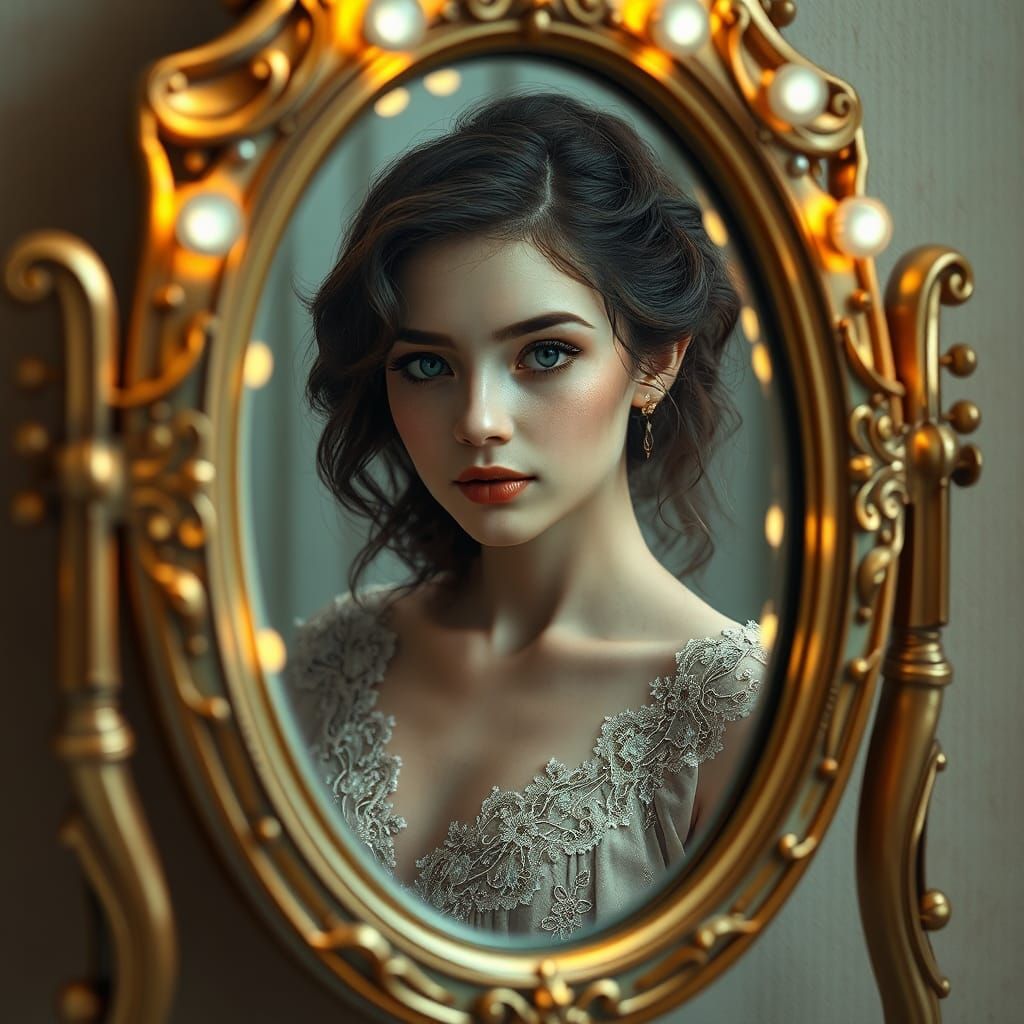 Ornate Antique Mirror Reflecting a Victorian Beauty