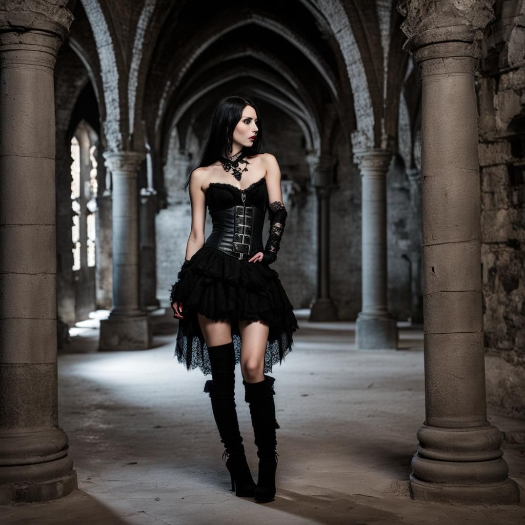 Goth Woman in Dungeon, Lace Miniskirt and Boots