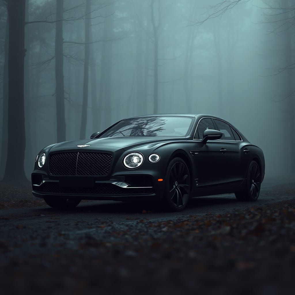 Luxury Car in Foggy Forest with Piercing Headlights