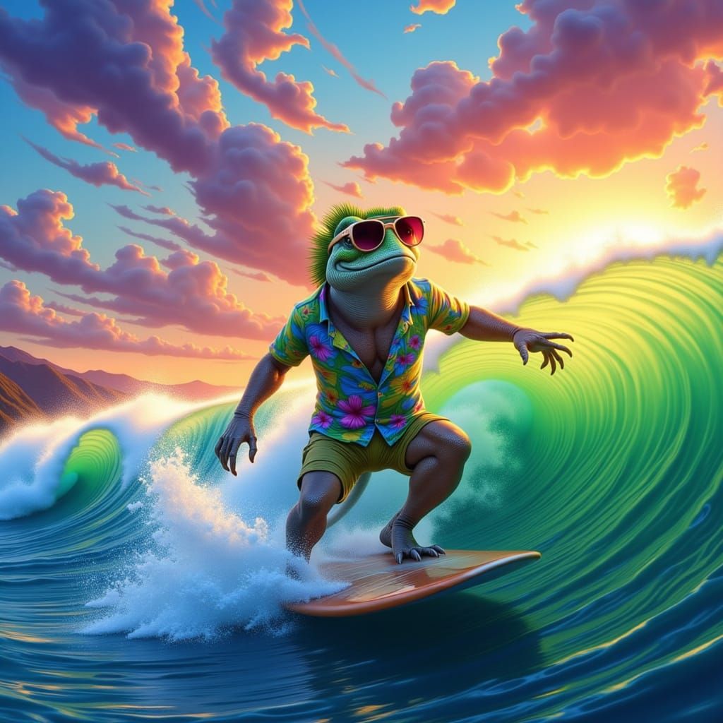 Iguana Surfer Catches Sunset Barrel Wave