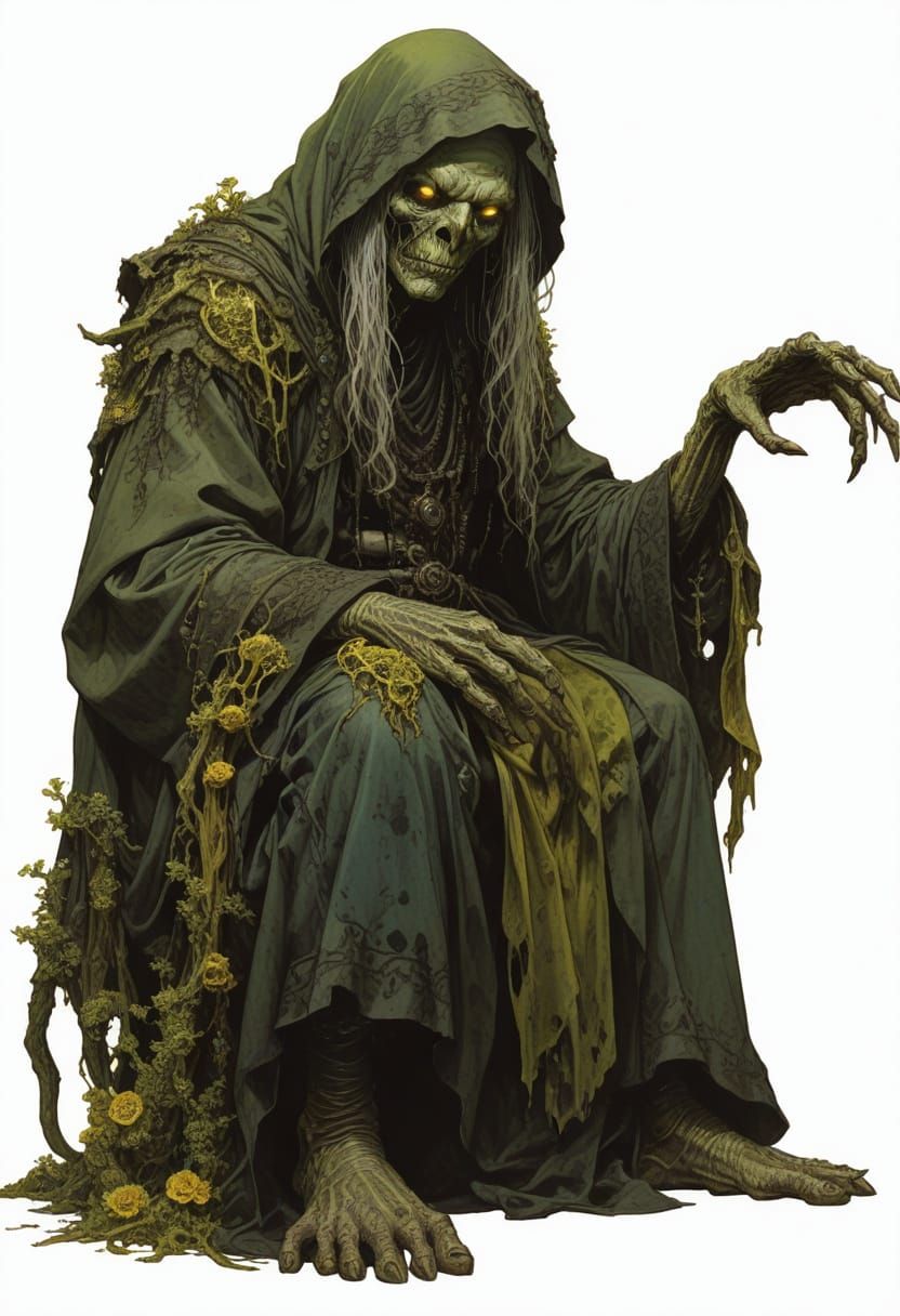Dark Fantasy Crone in Seaweed Robe with Glowing Eyes