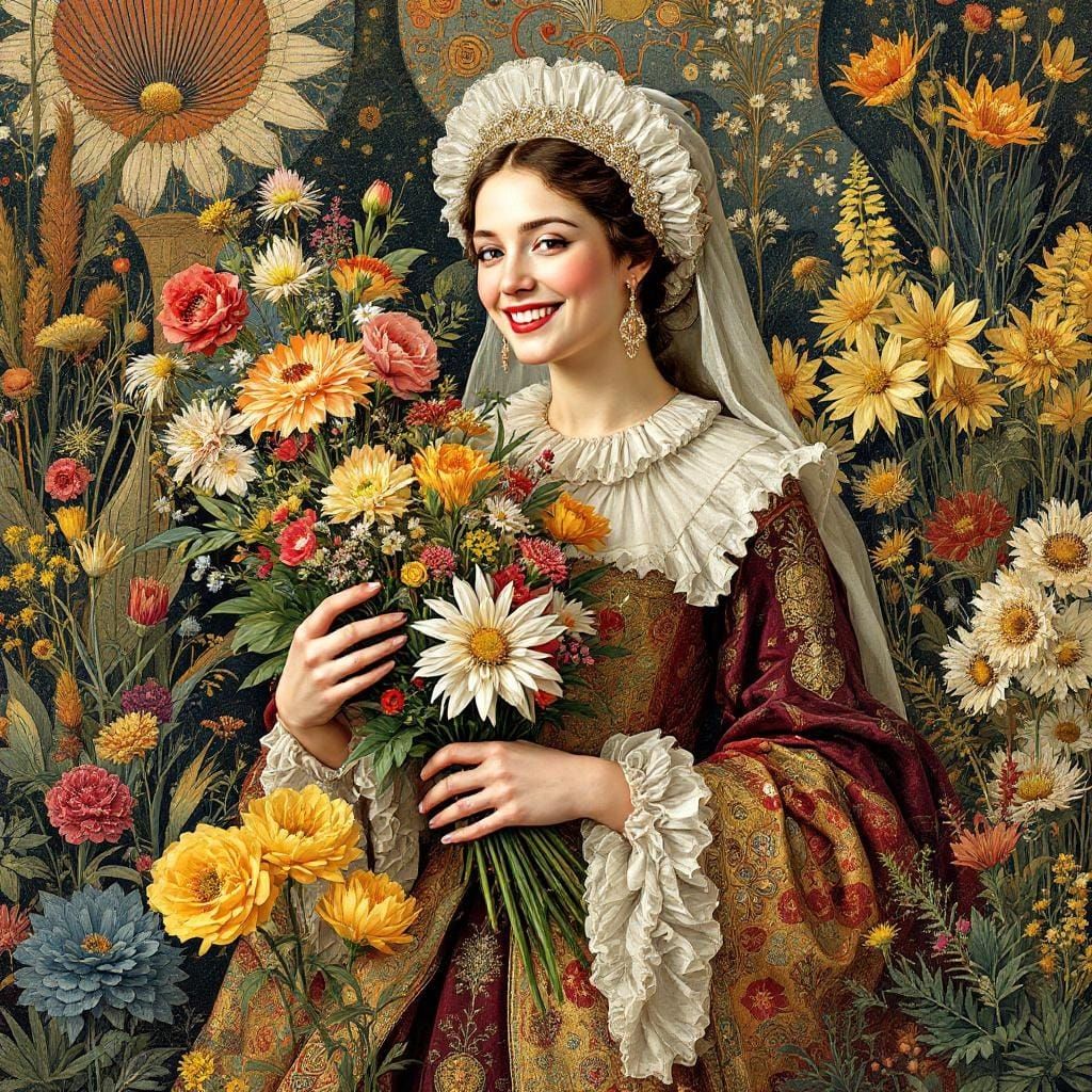 Happy Servant Woman with Flowers in Art Nouveau Style