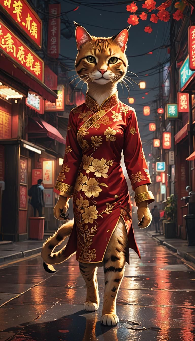 Taiwanese Catgirl in Cheongsam, Digital Art