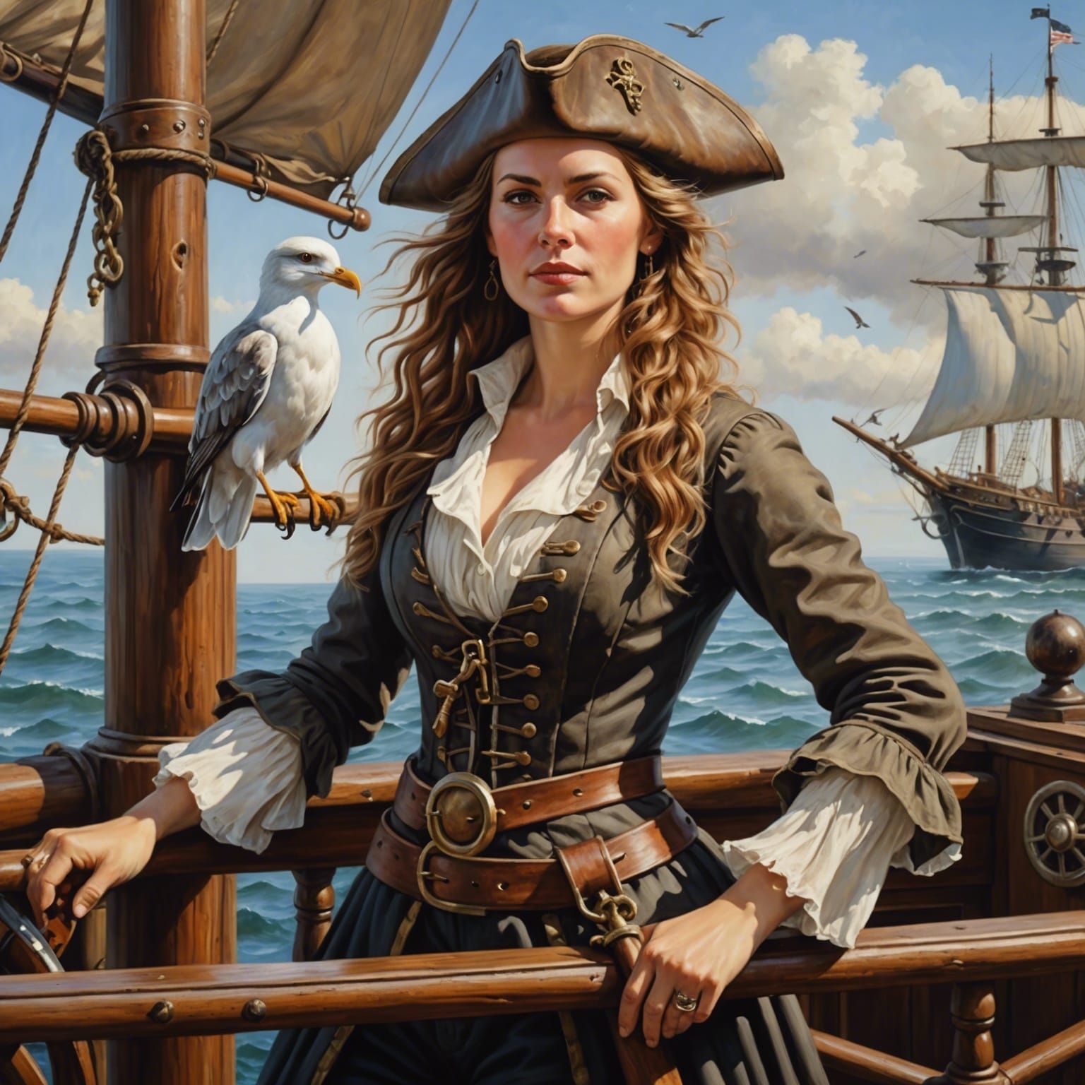 Pirate Woman at Ship Helm in Oil Painting Style