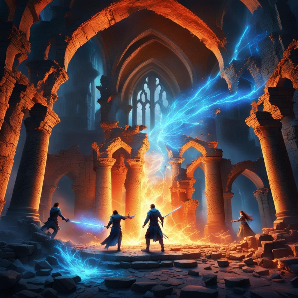 Magical Battle in Ruins: Epic Fantasy 3D Render