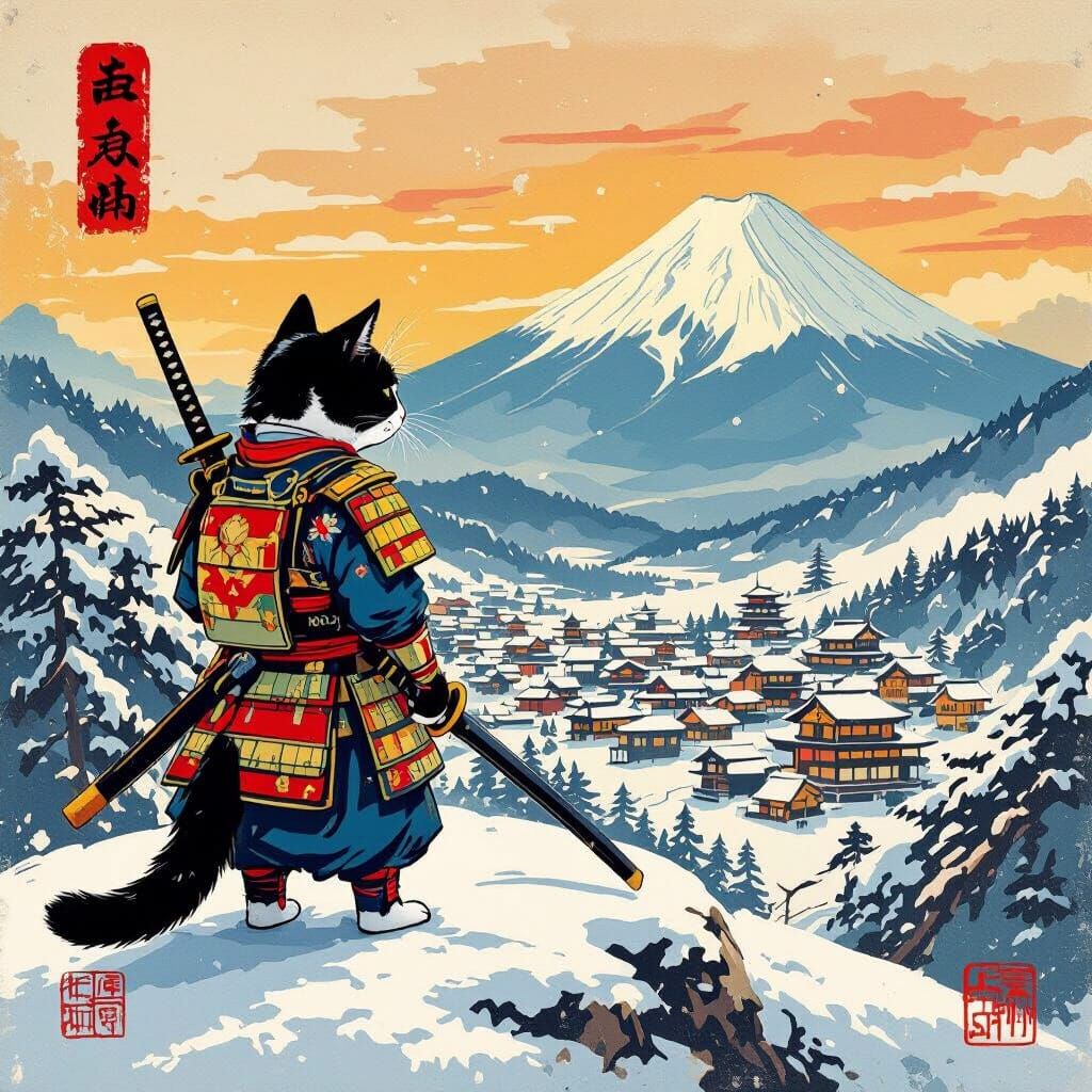 Samurai Cat Overlooking Village, in Woodblock Style