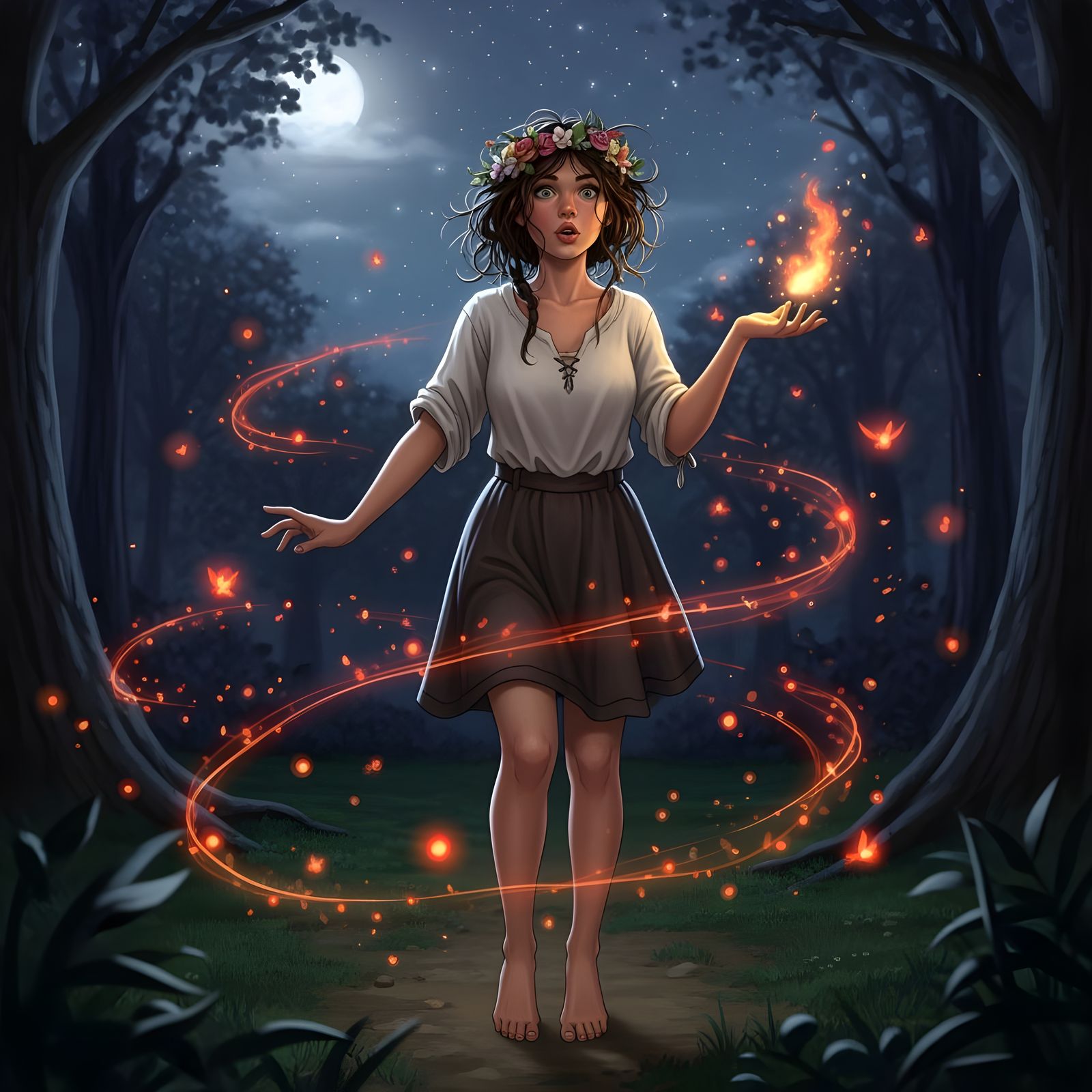 Romantic Forest Wench with Fireflies, Fantasy Illustration