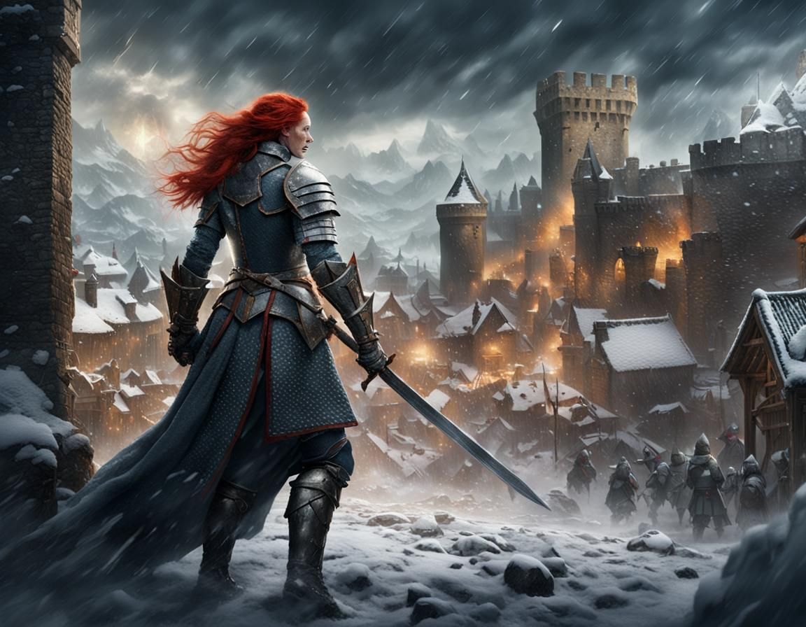 Redhead Knight Defends Town in Blizzard