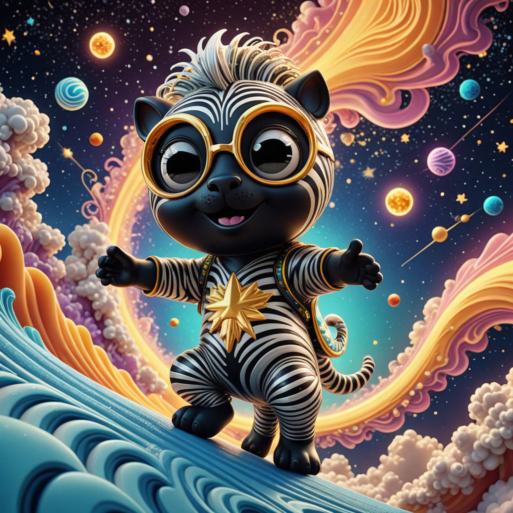 Psychedelic Cosmic Zebra Surfer in Celestial Harmony