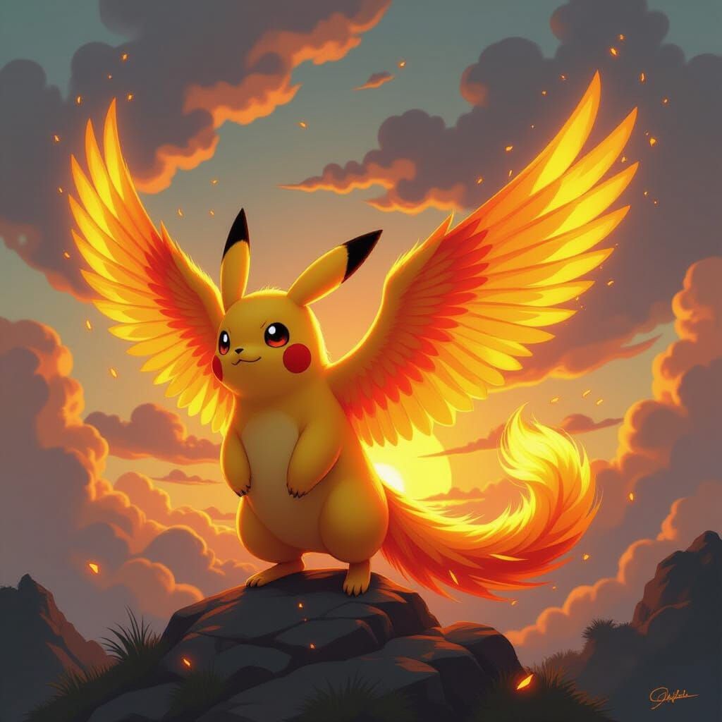 Phoenix Pikachu Hybrid in Fiery Digital Art Style