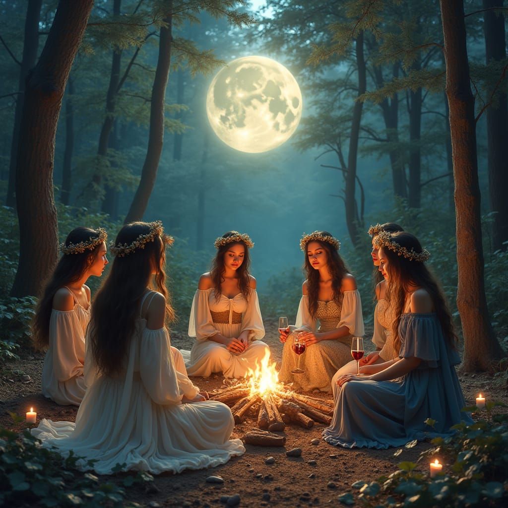 Women Gather in a Mystical Forest Circle Under the Full Moon