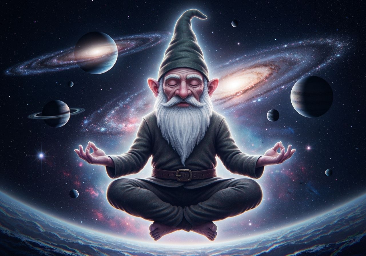 Cosmic Gnome Meditation in Glitch Art Style