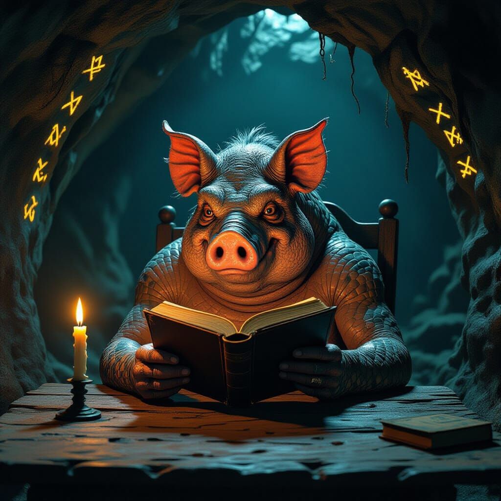 Monstrous Anaconda Reads Book in Rune-Adorned Cave