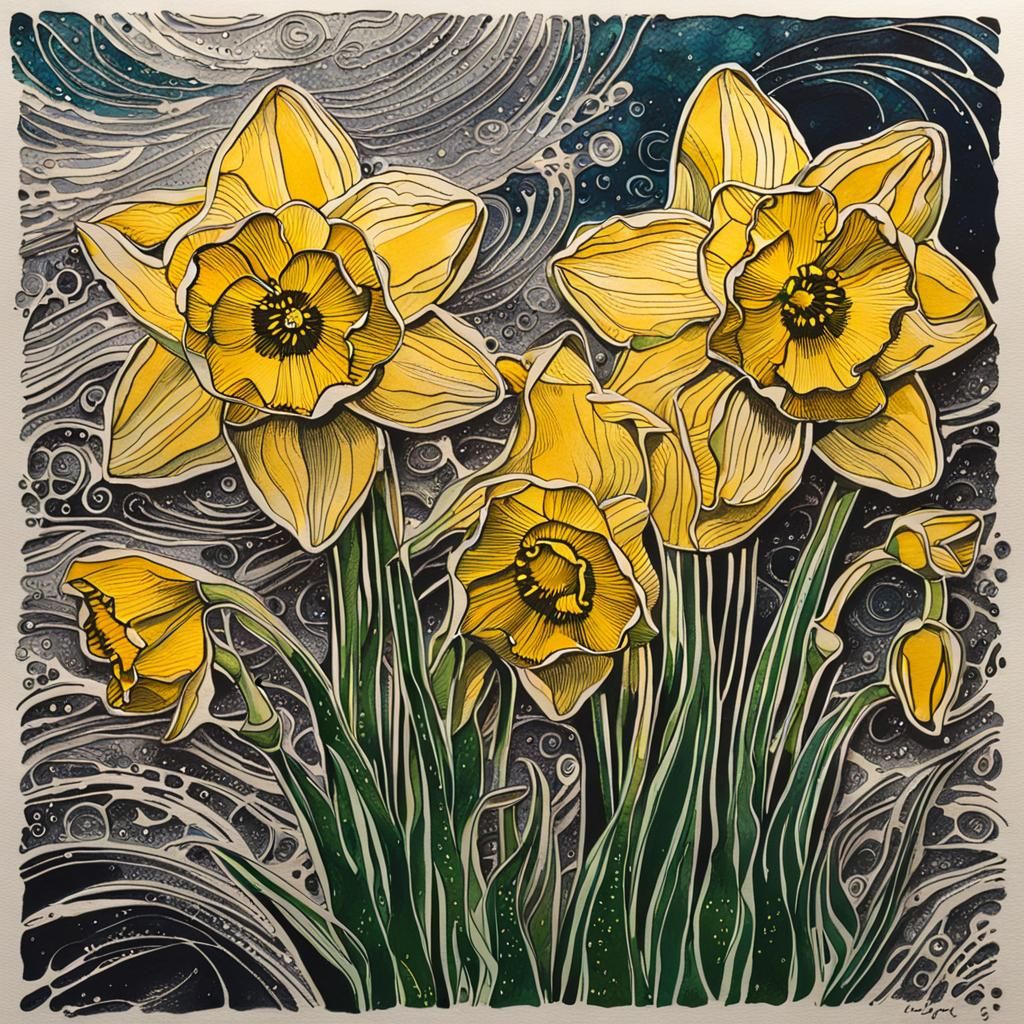 Detailed Linocut Daffodils in Alcohol Ink